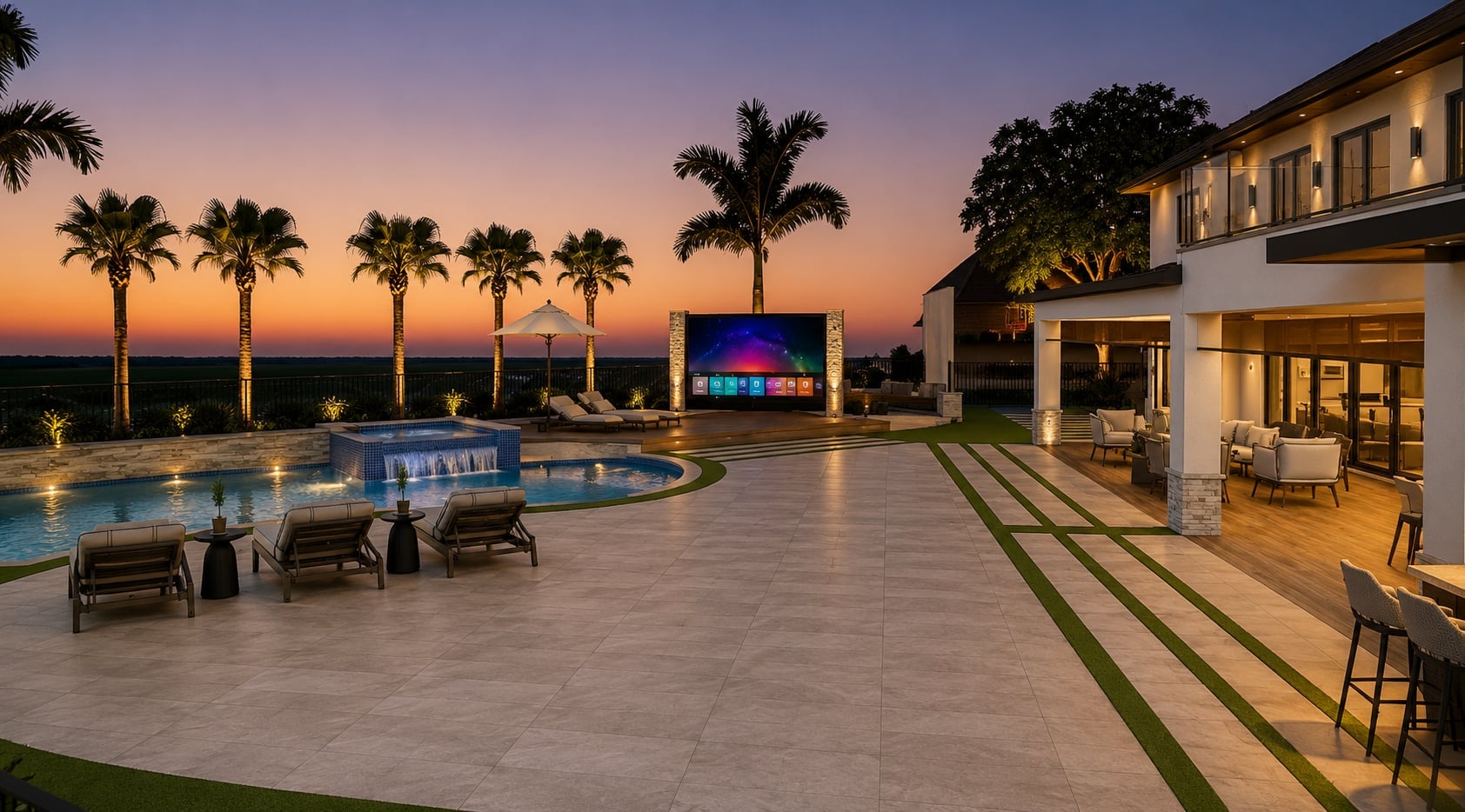 3D design rendering of a poolside terrace at dusk with an outdoor cinema screen, palm rows and a lit spa