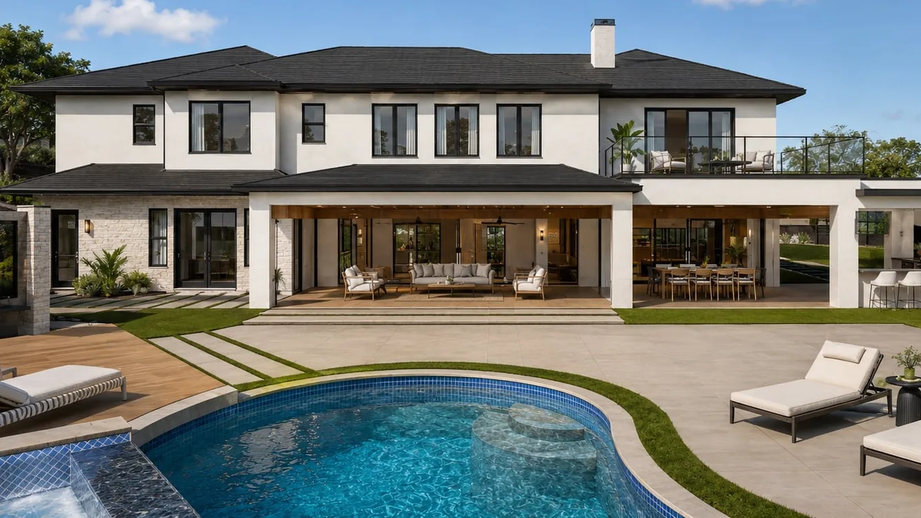 3D design rendering of a resort-style backyard with a freeform pool, covered patios and an outdoor kitchen bar