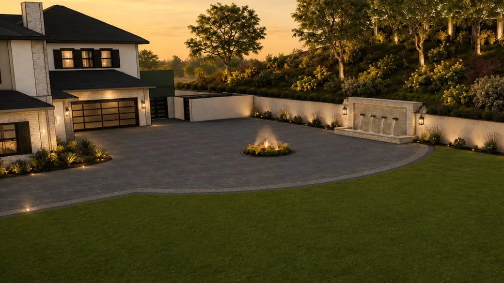 3D design rendering of a paver motor court and garage forecourt at dusk with a lit center bed and hillside planting