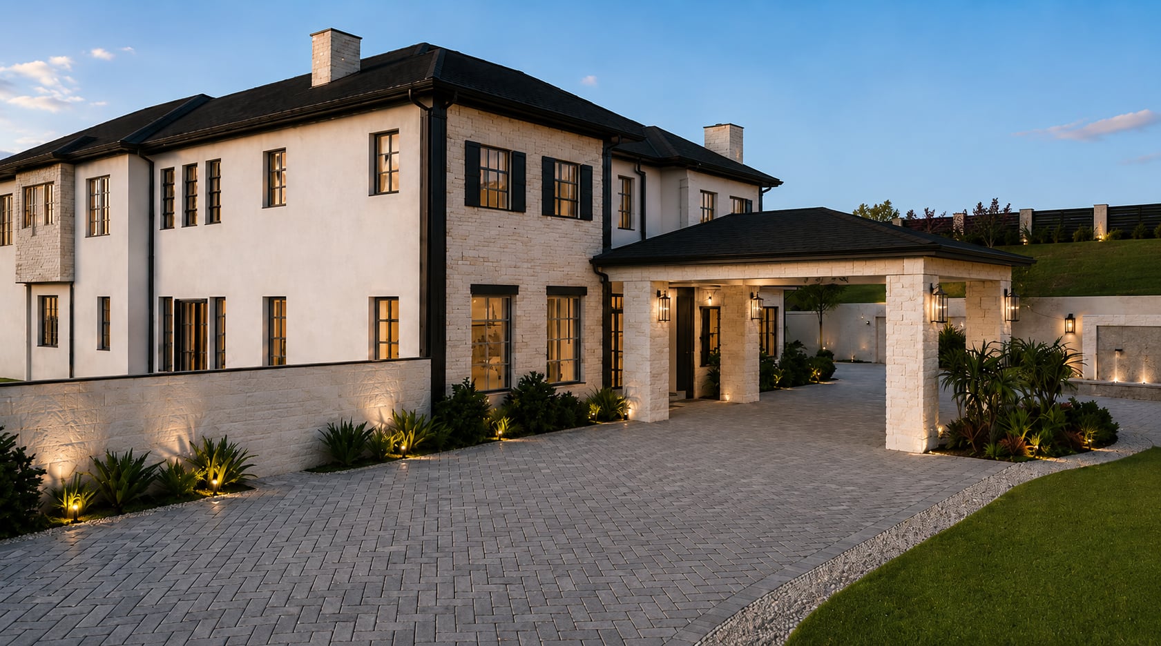 3D design rendering of a paver driveway passing under a porte-cochère, with landscape lighting at dusk