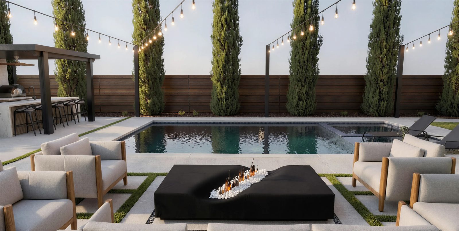 3D design rendering of a sculptural gas fire table between lounge chairs beside a pool at dusk for a Chula Vista backyard