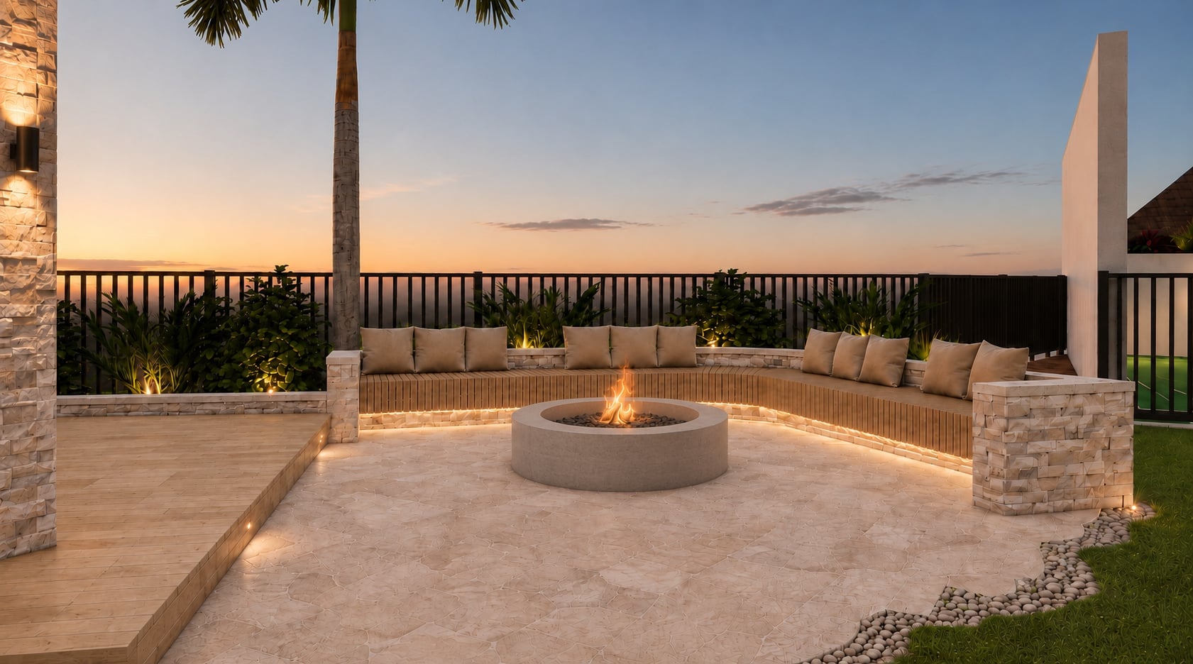 3D design rendering of a round gas fire pit ringed by a curved bench with underglow lighting on a stone patio at sunset