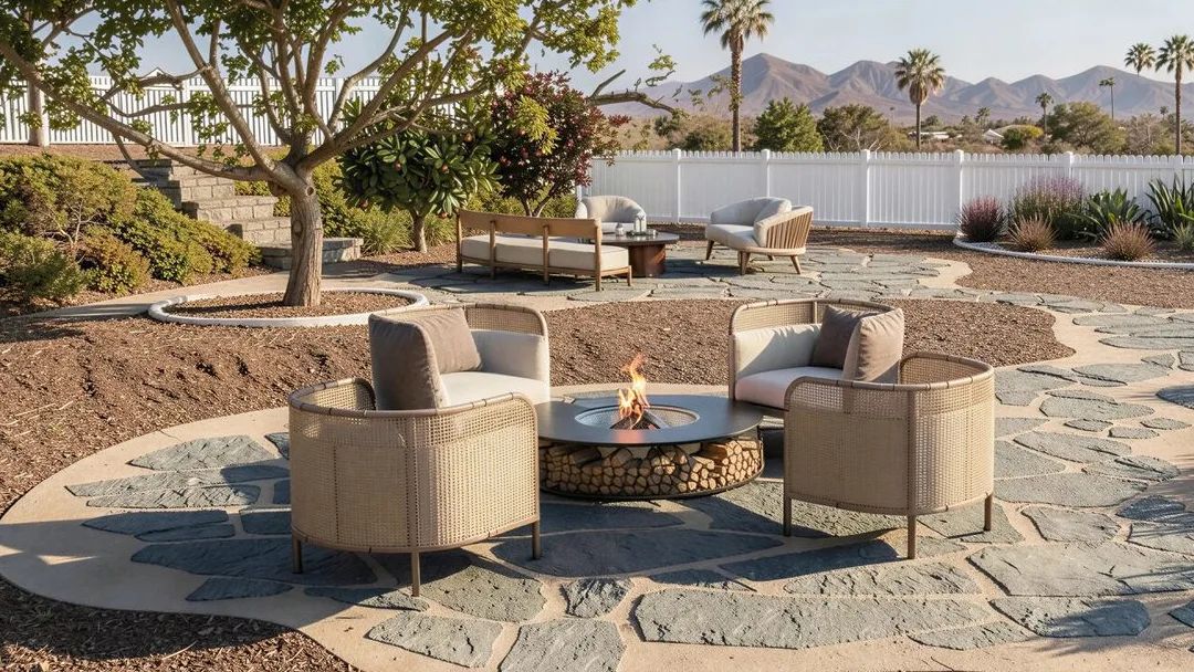 3D design rendering of a lit fire pit on flagstone with palms and a mountain backdrop for a Bonita backyard