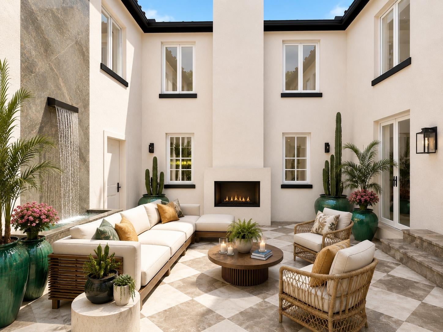 3D design rendering of a courtyard with an outdoor gas fireplace, checkerboard stone paving and a wall fountain
