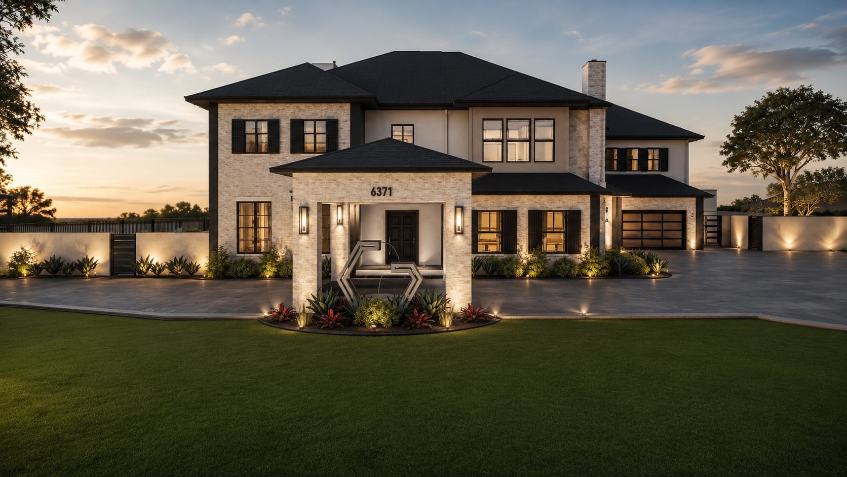 3D design rendering of a front yard at dusk with landscape lighting, a fresh lawn and a lit entry fountain