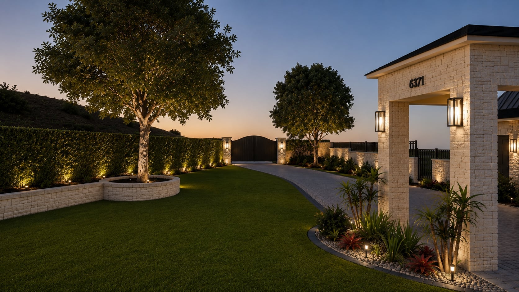 3D design rendering of front-yard landscape lighting with uplit trees, stone planter walls and a gated drive at dusk