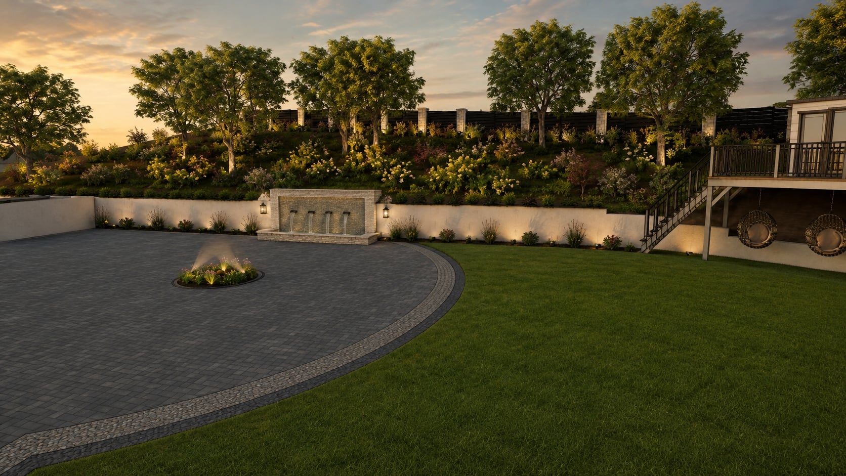 3D design rendering of a terraced hillside at dusk with layered planting, a spillway water feature and a stair to a raised deck
