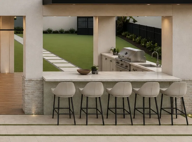 3D design rendering of a covered outdoor kitchen and bar with counter seating and a rooftop terrace above