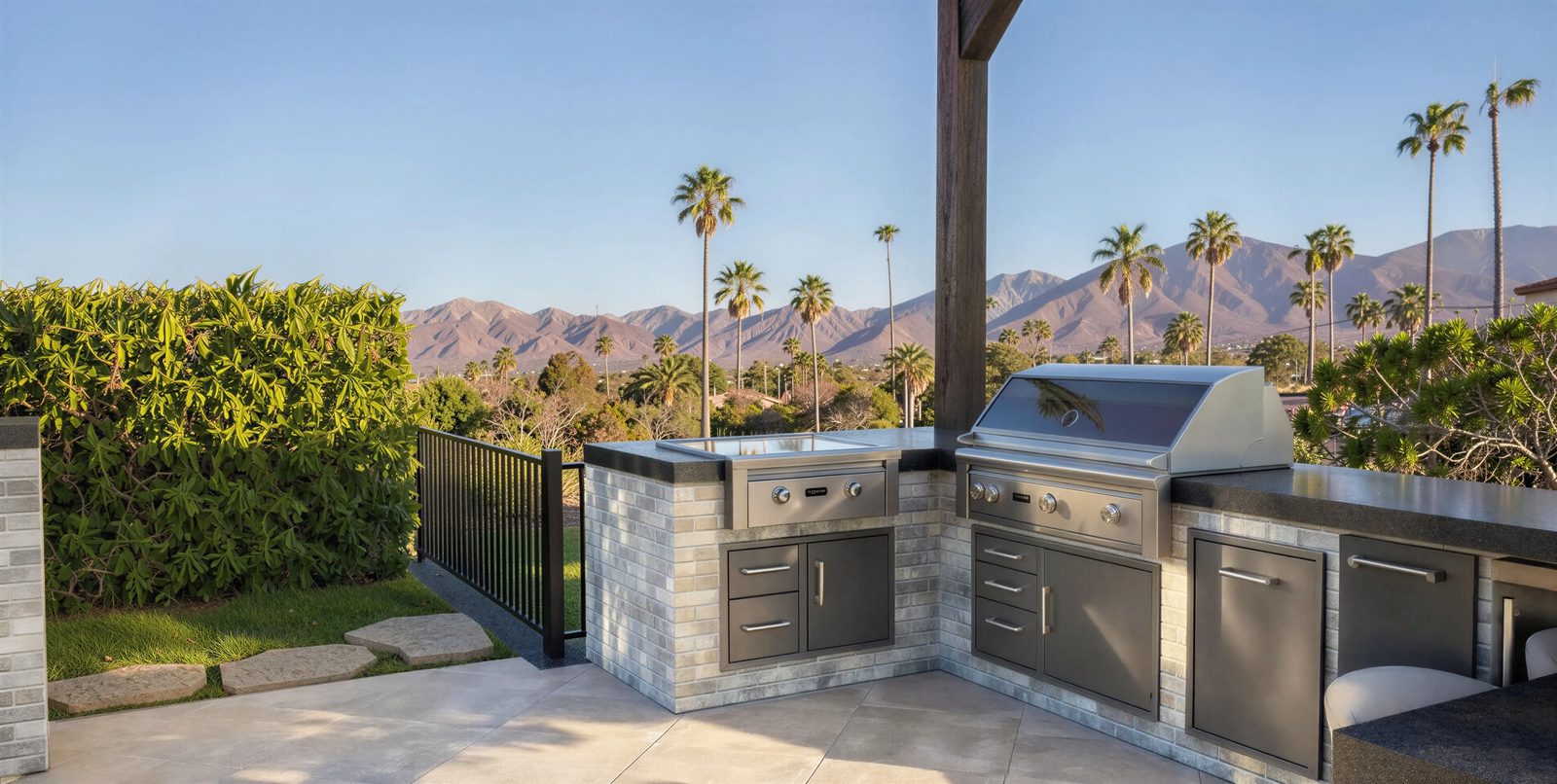 3D design rendering of a brick L-shaped outdoor kitchen against palm and mountain views for a Poway backyard