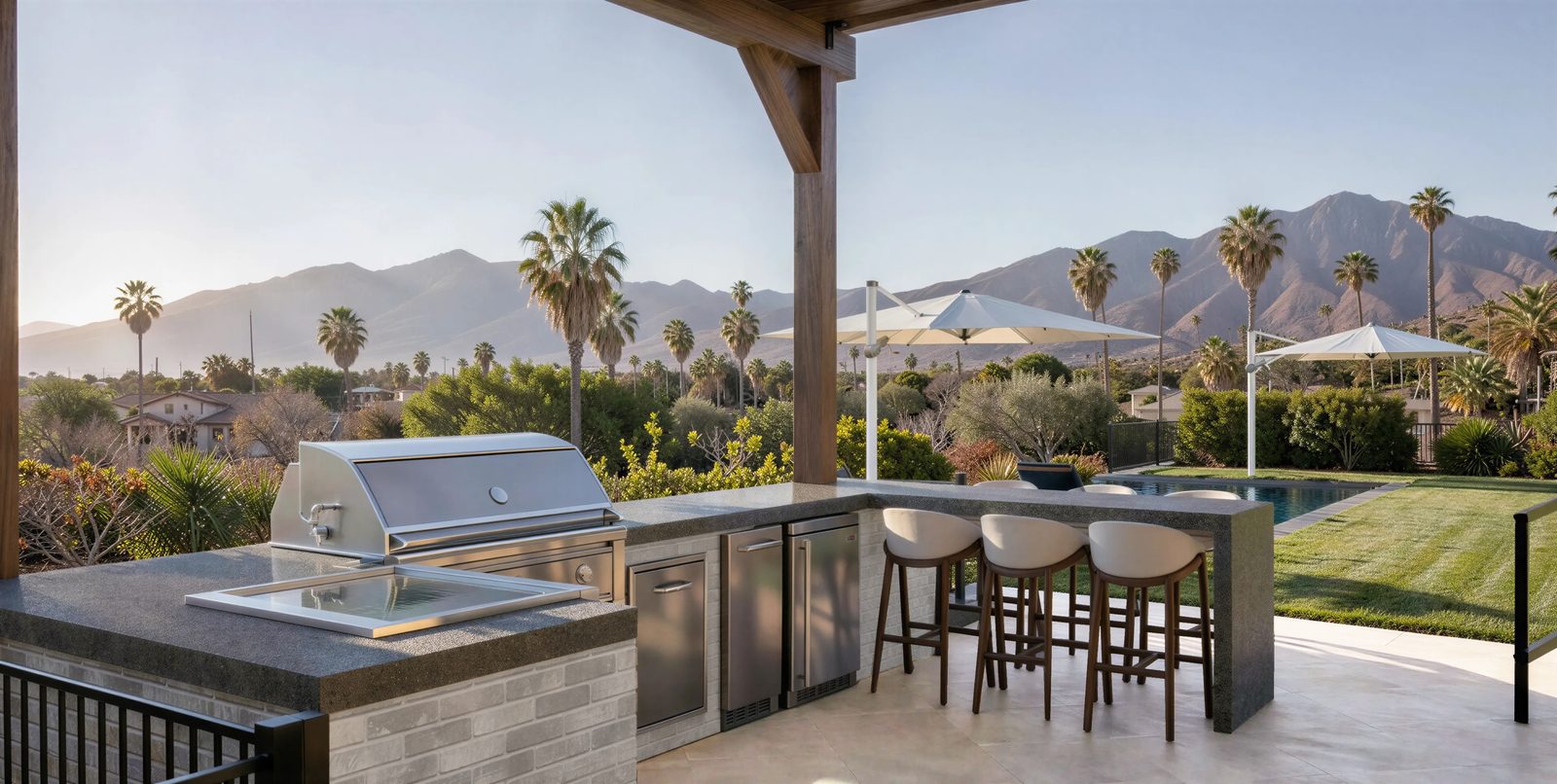 3D design rendering of an outdoor kitchen and bar with counter seating for a Poway backyard