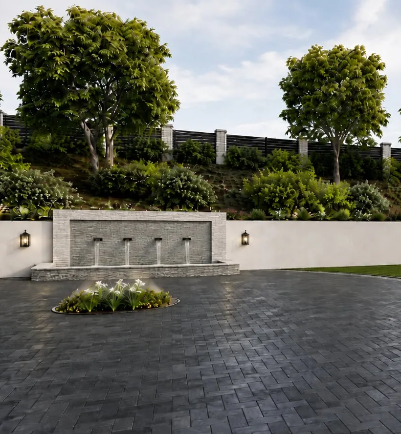 3D design rendering of a charcoal paver court with a pebble inlay band beside a stacked-stone water feature