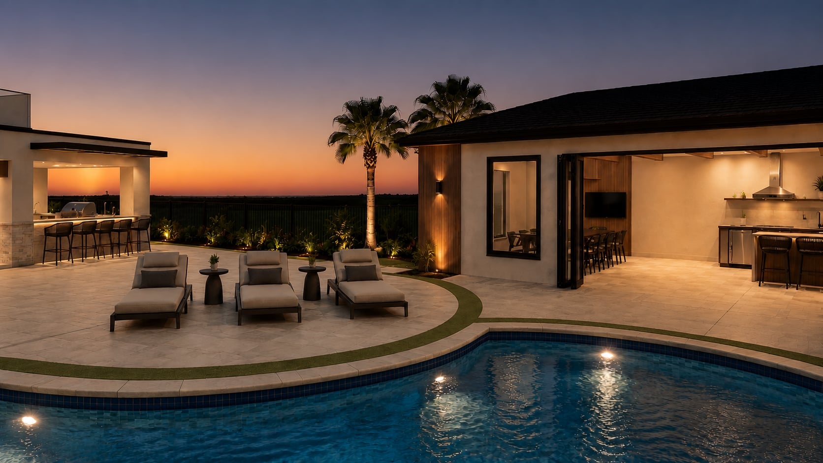 3D design rendering of a travertine pool deck with loungers beside a lit cabana kitchen at dusk