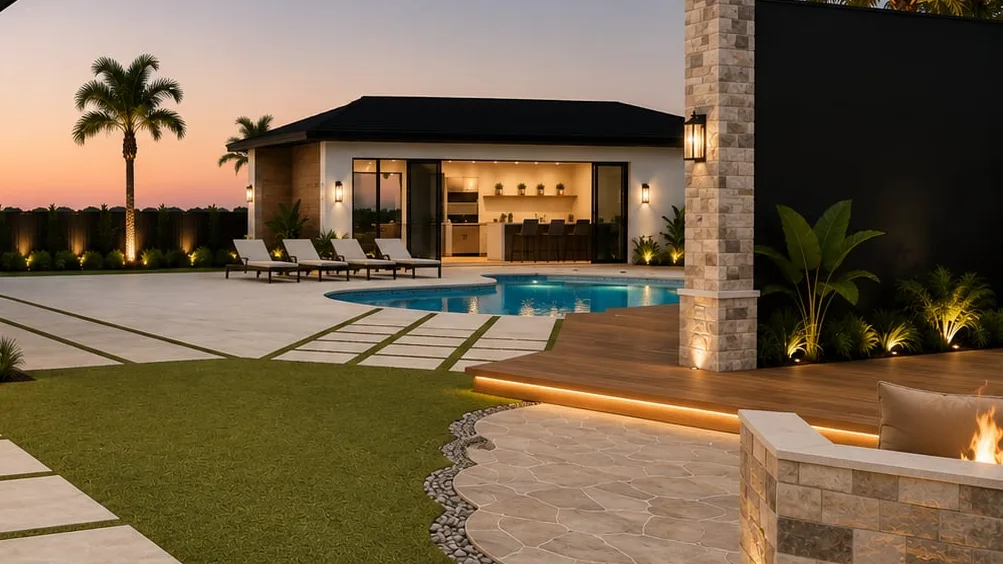 3D design rendering of a sunset pool deck with palm trees, plank pavers and a poolside cabana