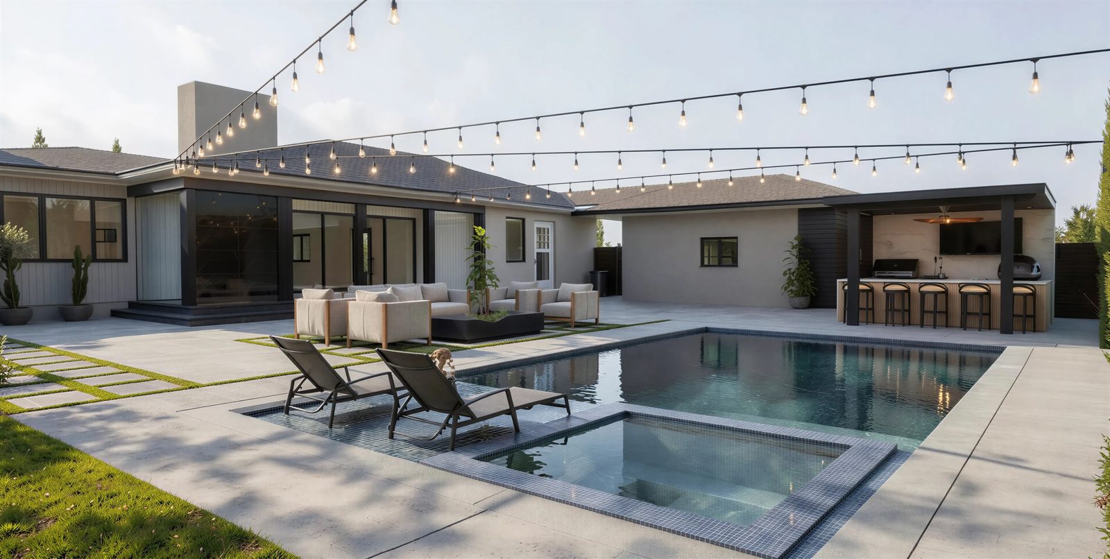 3D design rendering of a geometric pool with a raised spa, outdoor kitchen pavilion and string lighting for a Chula Vista backyard