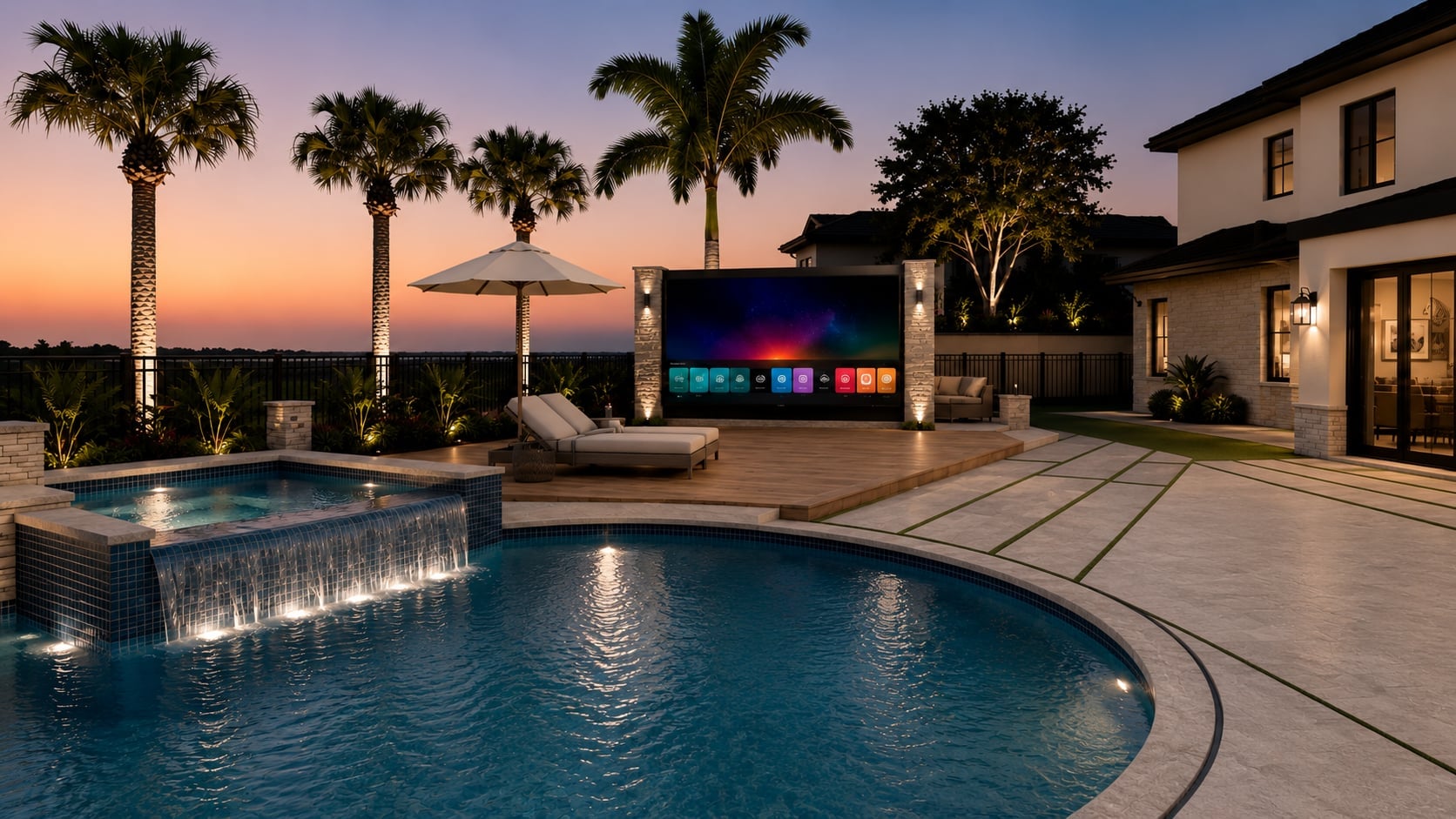 3D design rendering of a raised spa spilling into a lit pool, with palms and an outdoor theater wall at sunset