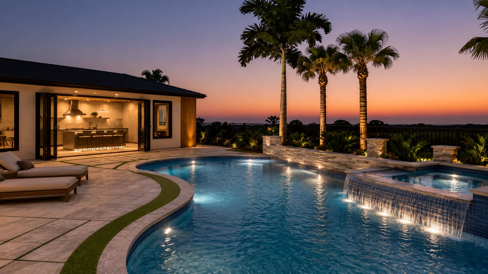 3D design rendering of a pool with a raised spa waterfall, stacked-stone planter walls and lit palms at dusk